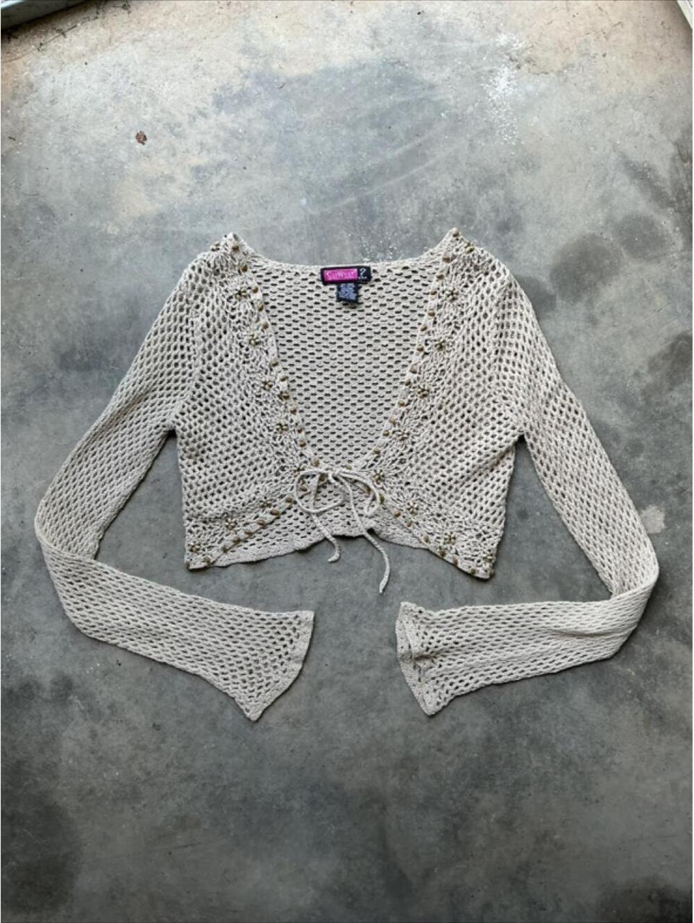 Y2K Crochet Tie Front Cardigan | Boho Knit Bell Sleeve Shrug bolero